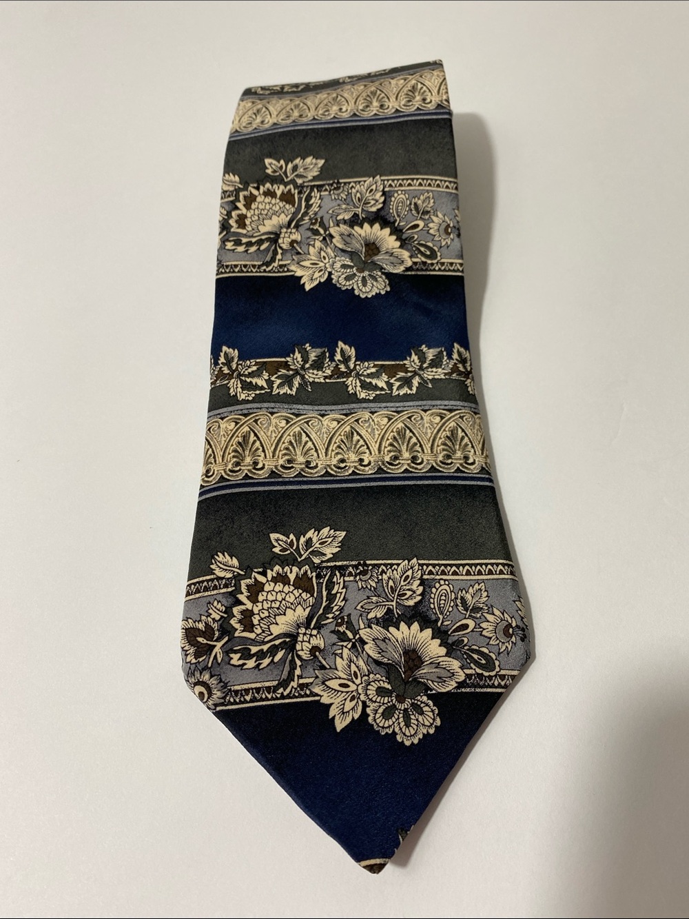 Vintage J.T. Beckett Silk Tie Navy Blue Gray Floral Panel Geometric Art Deco 90s